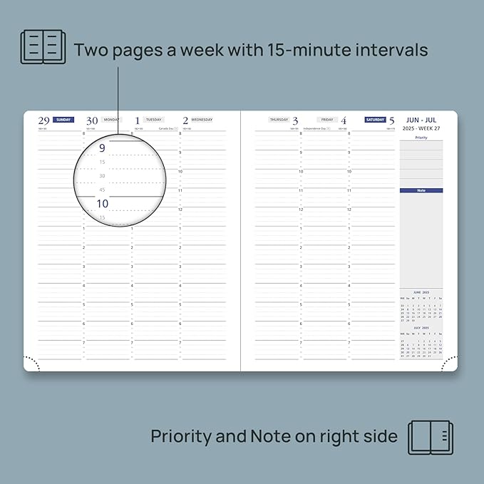 POPRUN Weekly Planner 2025-2026, 7.25'' x 8.5'', 15-Minute Hourly Appointment Book (July 2025-June 2026) with PU Leather Softcover, Monthly Tabs, Inner Pocket - Cornflower