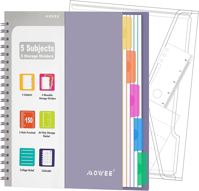 5 Subject Notebook - Spiral Notebook, College Ruled Notebook With Dividers Pocket, Tabs, 11" Ruler, 300 Pages, for Writing Journal, Home & Office, School Supplies, 8.5x11'' Purple150Sheets