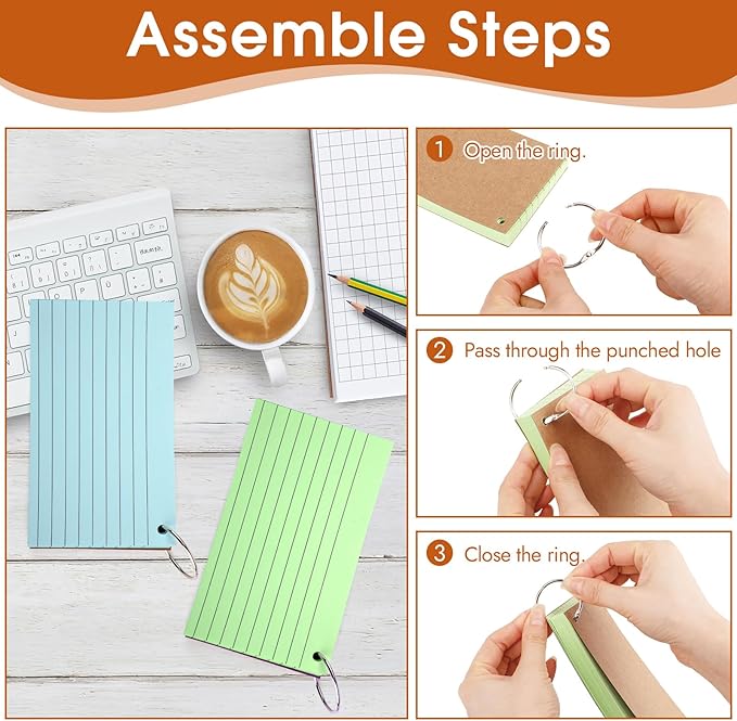 350 Pcs Index Cards With Ring, 3x5 Inches Flash Cards With Rings，Colored Heavy Notecards With Ring, Punched Lined Study Cards For School, College, Home, Office, Memory, To Do List (5 Colors)