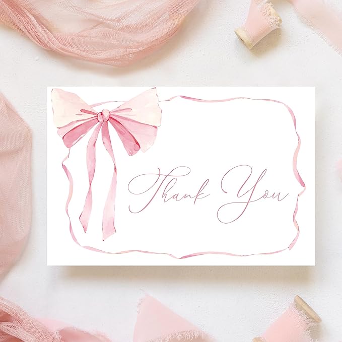 Whaline 24 Pack Pink Bow Thank You Cards Coquette Bow Greeting Cards with Envelopes Stickers Blank Note Cards for Wedding Bridal Baby Shower Birthday, 4 x 6 Inch