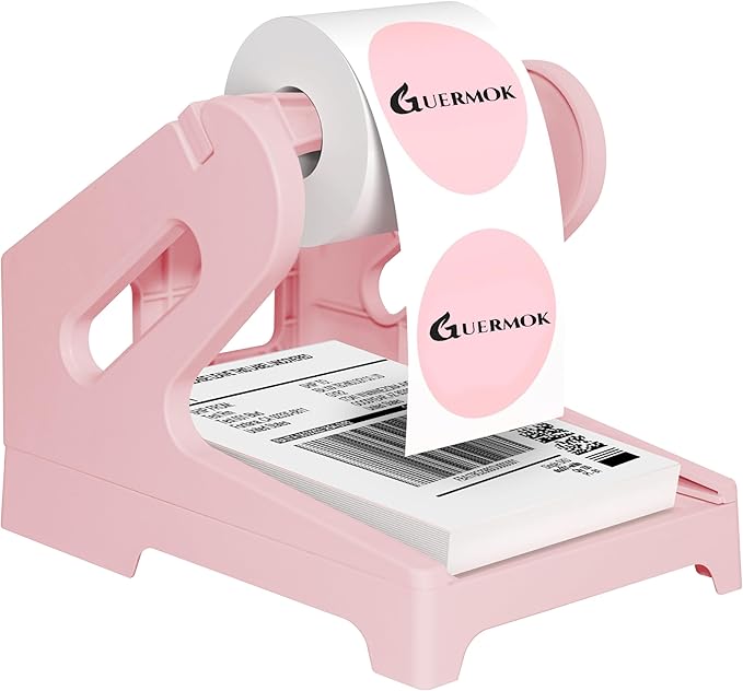 Guermok Thermal Shipping Label Holder for Rolls & Fan-Fold, Fragile Stickers for Shipping, Label Stand Desktop Printer Holder-Home Office Accessory Sticker Dispenser for Holographic (Pink)