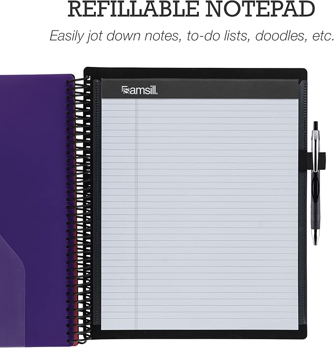 Samsill Deluxe 24 Pocket Spiral Project Organizer with Refillable Notepad Holder, Customizable Front Cover, 12 Dividers with Erasable Write-On Tabs in Assorted Colors, Plastic Folders with Pockets
