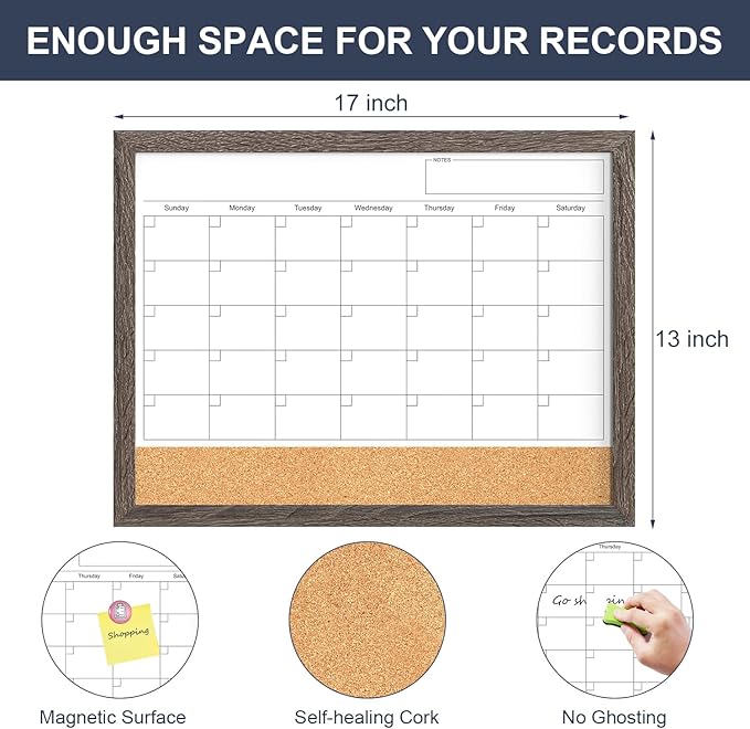Whiteboard Calendar & Corkboard for Wall, 17"x13" Magnetic Dry Erase Monthly Calendar with Wood Framed, White Board Cork Board Combo, Calendar Bulletin Board for Home Kitchen Office Memo Planner