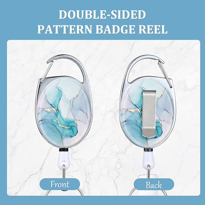 Badge Reels Retractable，Double Sided Color Print Pattern Retractable Badge Holders，with Retractable Keychain, Badge Clip and Key Ring，Durable Nylon Retractable Rope，Green Marble