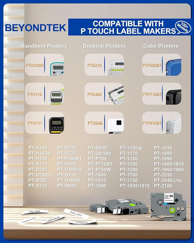 Tze-231 Tzc-231 Work with Brother P Touch Tape Refill PTH110 D210 D220 Tape Refill 12mm 0.47 Laminated White TZ-231 Compatible for Brother Cube H103w 1180 1280 1890 2040,Black on White 8m 26.2ft