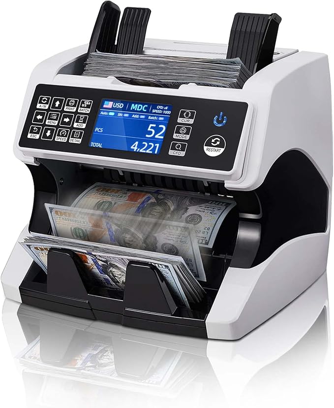 MUNBYN IMC01 Bank Grade Money Counter Machine Mixed Denomination, 2CIS/UV/IR/MG/MT Counterfeit Detection, Serial Number, MUL Currency Cash Counter, Printer Compatible Bill Value Counter (White)