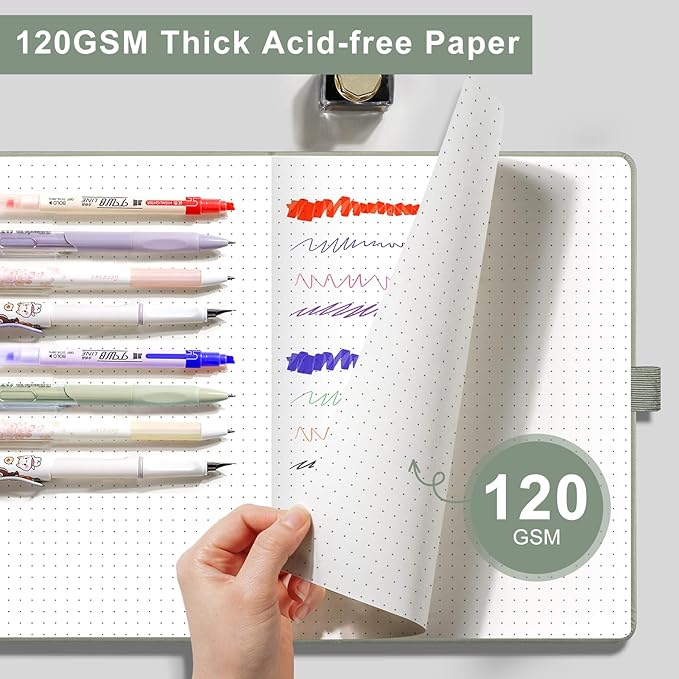 EMSHOI Dotted Notebook - 256 Pages A5 Dotted Grid Journal Notebook,120gsm Thick Paper,16 Perforated Pages, Smooth PU Leather, Inner Pocket,5.75'' × 8.38''-Green
