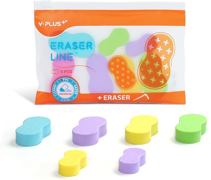 Yplus Eraser Line - Hipolymer Pencil Erasers for School Office, Cute White Rubber Eraser for Kids, Artist No Residues, 6 Pcs Multicolors