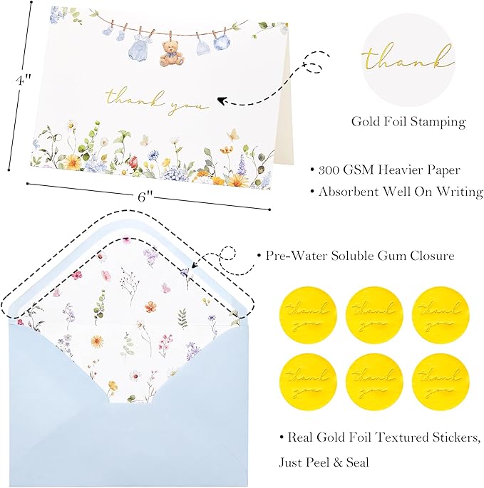 Crisky Baby Shower Blue Gold Thank You Cards (50 Pack) with Envelopes & Stickers Boy Baby Shower Greeting Cards Bulk, Watercolor Delicate Wildflower for Baby Shower Party