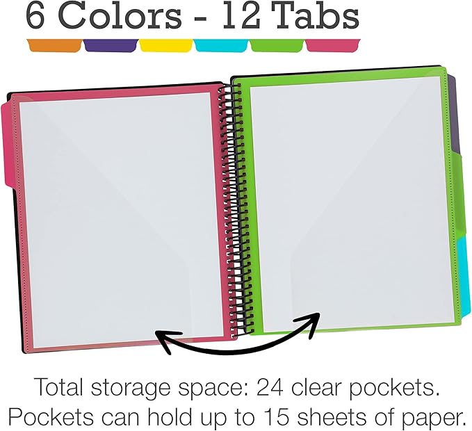 Samsill Deluxe 24 Pocket Spiral Project Organizer with Refillable Notepad Holder, Customizable Front Cover, 12 Dividers with Erasable Write-On Tabs in Fashion Colors, Plastic Folders with Pockets