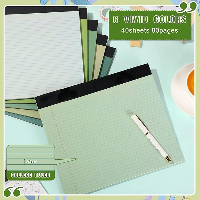 Lincia 6 Pcs 11" x 9.5" Legal Pads College Ruled Notepad Landscape Notebook Horizontal Lined Notebook 80 Gsm Assorted Colors Paper Pastel Writing Pads for School Office, 40 Sheet (Gradient Green)
