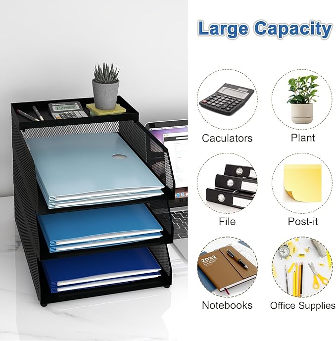 Natwind 3-Tier Stackable Paper Tray, Metal Mesh Desktop Organizer, Paper Sorter, Letter Trays,File Document Storage Rack for for Home, Office, School (Black)