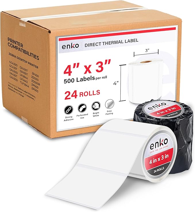 enKo 4" x 3" Labels for Zebra Desktop Printers (24 Rolls, 12,000 Labels) - Direct Thermal Address Mailing Shipping Barcode FBA Stickers FNSKU Label for Zebra and Eltron (Perforated)