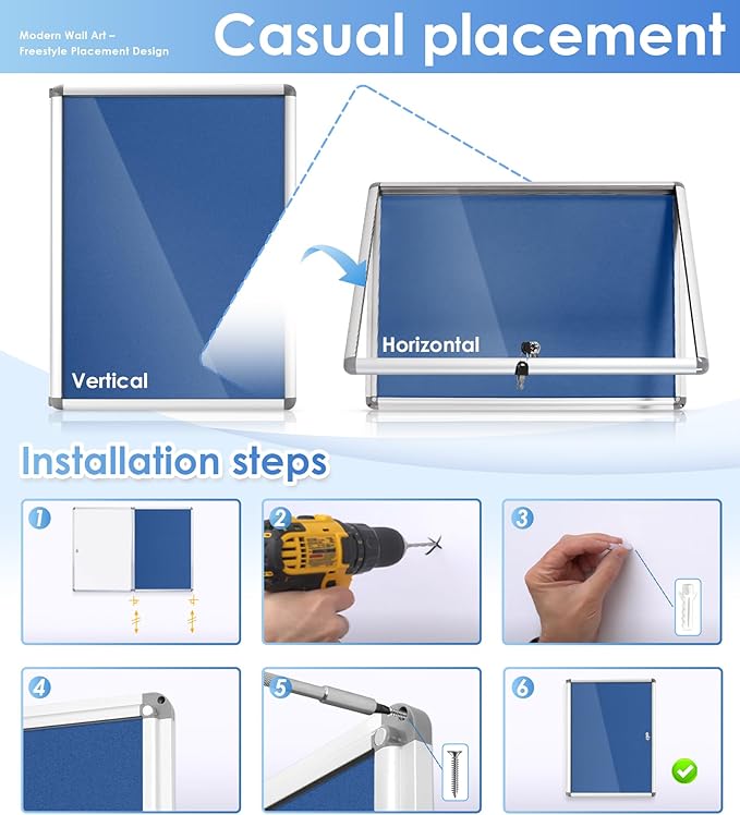 SWANCROWN Lockable Notice Board Tamperproof Enclosed Display Board for Home Office School,Wall-Mounted,Blue Fabric,26x20inch(4xA4)