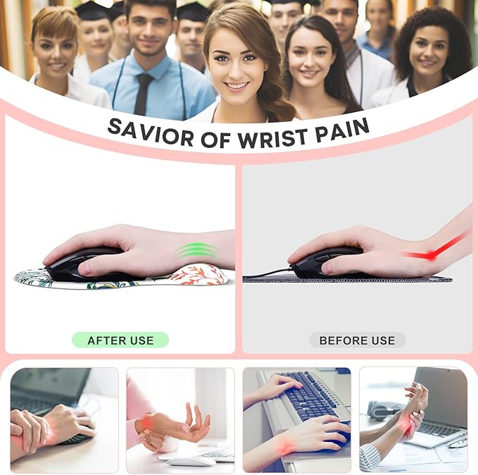 JIKIOU Mouse Pad, 2 Pack Ergonomic Mouse Pads with Comfortable Gel Wrist Rest Support and Lycra Cloth, Non-Slip PU Base for Easy Typing Pain Relief Durable and Easy to Clean Small White Flowers