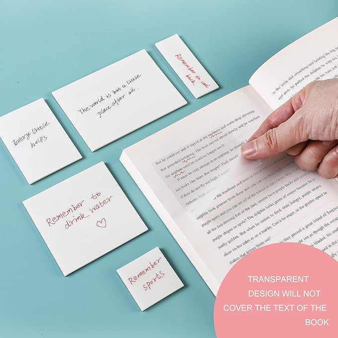 850 Pcs Transparent Sticky Notes Pad, Clear Sticky Notes for Books Message Reminder, Waterproof Self-Adhesive Translucent Sticky Notes, 17 Packs (1.5"x1.5", 3"x1", 3"x2", 3"x3", 3"x4")