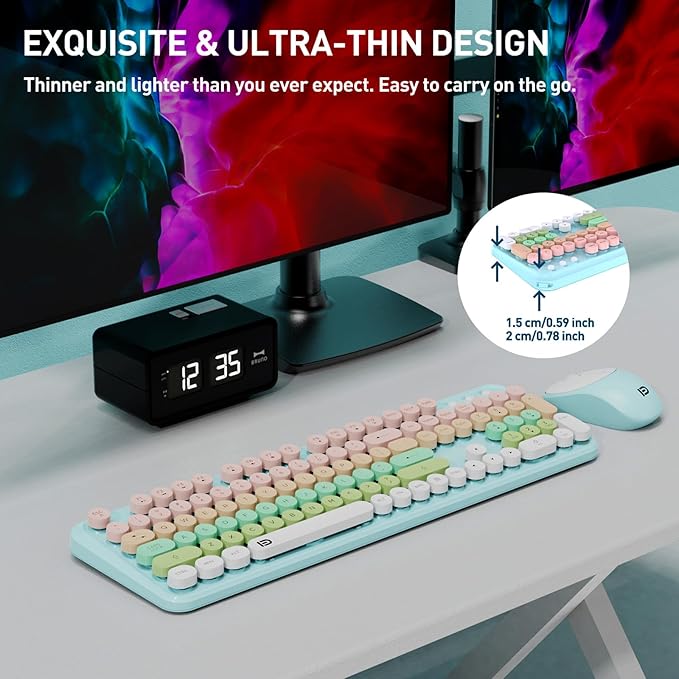 Wireless Keyboard and Mouse Set, 105 Round Keys Full-Size Cute Colorful Keyboard and Mouse with Retro Typewriter for PC/Mac/Laptop/Tablet/Computer/Windows Light Blue