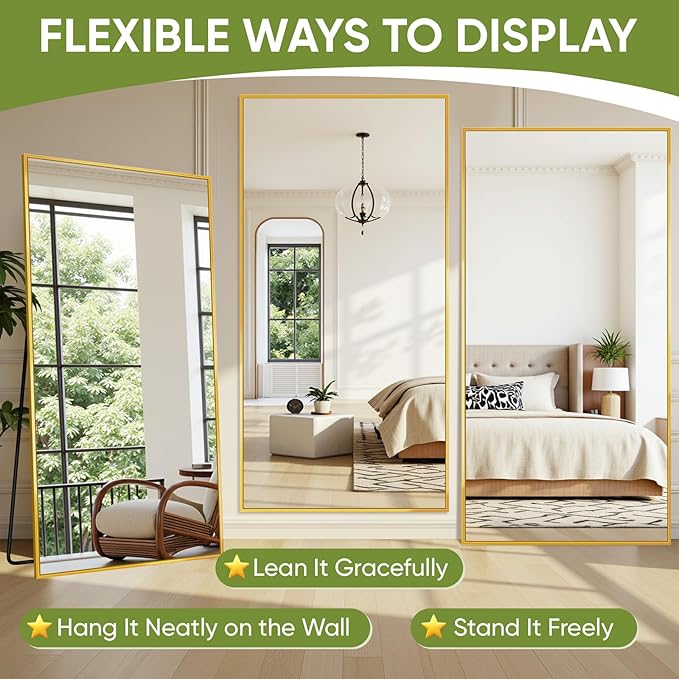 Full-Length Floor Mirror with Stand, 58"x21" Rectangle Style Full Body Standing Mirror for Bedroom, Living Room, Gym, Dorm - Shatter-Resistant & Easy Assembly, Gold
