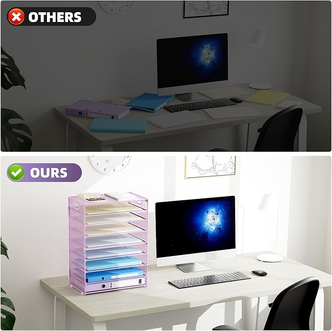 Marbrasse Paper Organizer Letter Tray, 9 Tier Mesh File Organizer with Handle, Paper Sorter Desk Organizer for Home Office Supplies - Purple