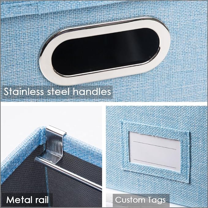 PRANDOM File Organizer Box - Set of 1 Collapsible Decorative Linen Filing Storage Hanging File Folders with Lids Office Cabinet Letter Size Blue (14x9.3x10.8 inch)