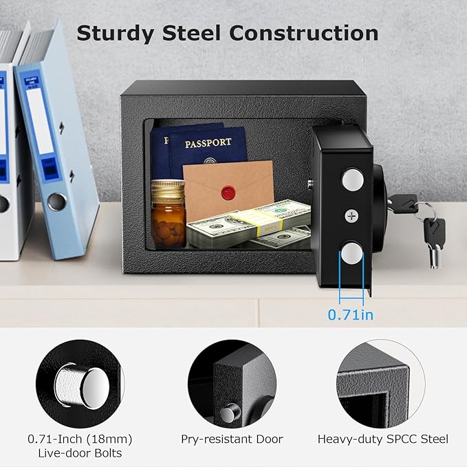 Bonsaii Safe Box with Electronic Keypad, Steel Security Lock Box with Key, 0.23 Cubic Feet, 9.06" W x 6.69" D x 6.69" H, Small Hidden Safe for Cash Jewelry