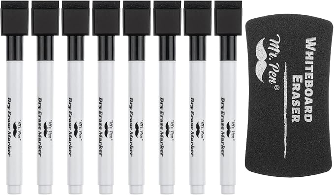 Mr. Pen- Magnetic Dry Erase Markers, 8 Pack with 1 Dry Erase Eraser, Black Dry Erase Markers Magnetic, Dry Erase Markers with Magnet, Dry Erase Magnetic Markers, Dry Erase Pens Fine Tip Dry Erase