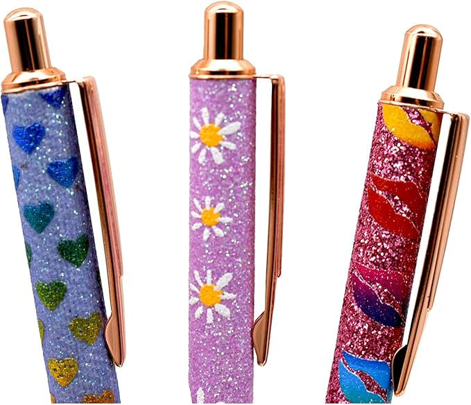 9 PCS Sparkle Glitter Heart Pens - Metal Daisy Flower Wedding Retractable Ballpoint Pens with Lip Print, Perfect for Women, Ladies, School, Party, Office, Valentine's Day, Birthday