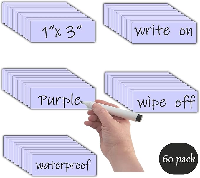 Magnetic Dry Erase Magnets Labels(1x3",Pack of 60) Reusable Name Tags,Organizing Schedules in Office/Classroom.Work on Fridge/White Board,Pastel Colors(Light Purple)