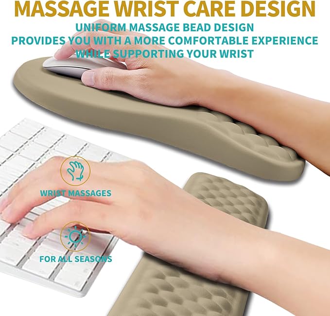 Hokafenle 2 in 1 Ergonomic Mouse Pad Wrist Support & Wrist Rest for Computer Keyboard Set, with Relieve Carpal Tunnel Pain Massage Bulge and Full Memory Gel Design (2In1 Set, Beige)