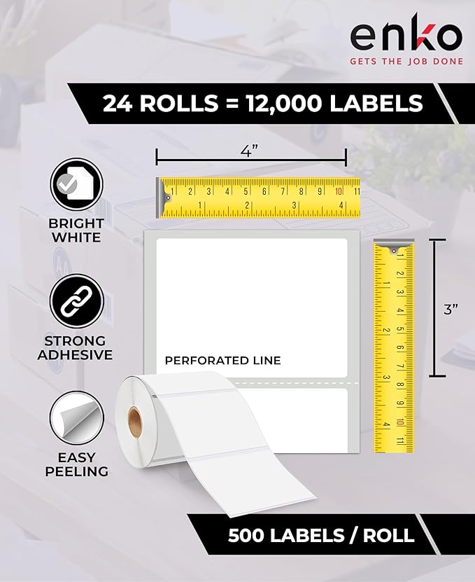 enKo 4" x 3" Labels for Zebra Desktop Printers (24 Rolls, 12,000 Labels) - Direct Thermal Address Mailing Shipping Barcode FBA Stickers FNSKU Label for Zebra and Eltron (Perforated)