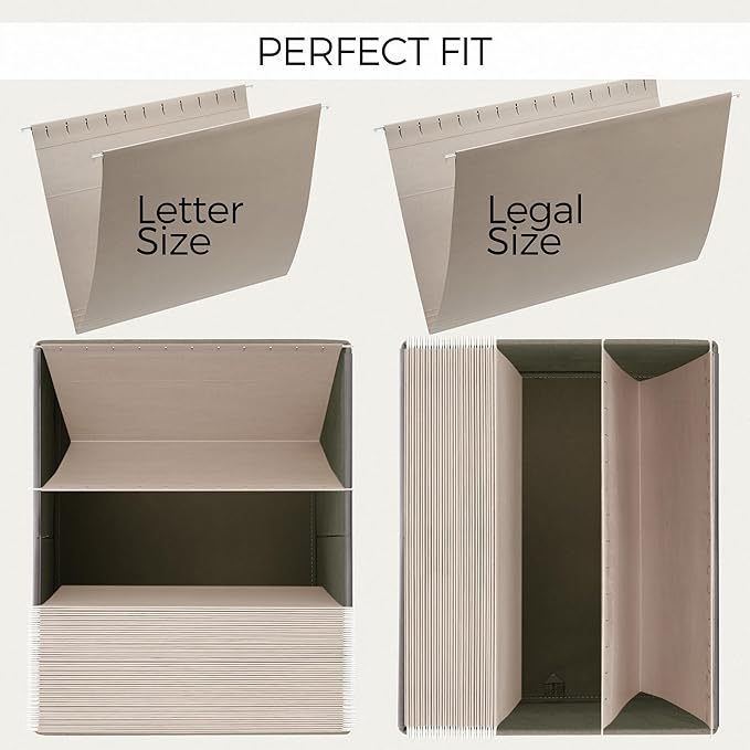 ZICOTO Decorative File Organizer Box Set of 2 - Collapsible Linen Filing Cabinets w/Handles Are Perfect to Store all Your Documents & Hanging File Folders - Portable Easy Slide Crates with Lid