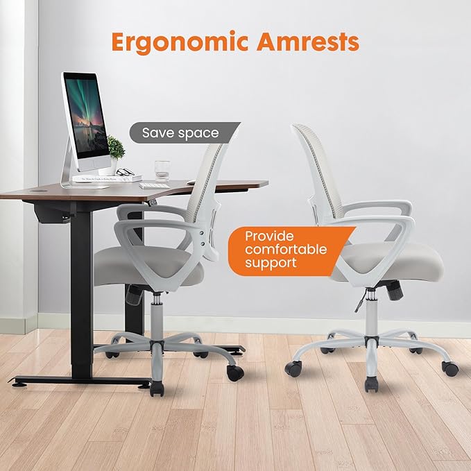 Sweetcrispy Office Computer Desk Managerial Executive Chair, Ergonomic Mid-Back Mesh Rolling Work Swivel Chairs with Wheels, Comfortable Lumbar Support, Comfy Arms for Home,Bedroom,Study,Student,Grey