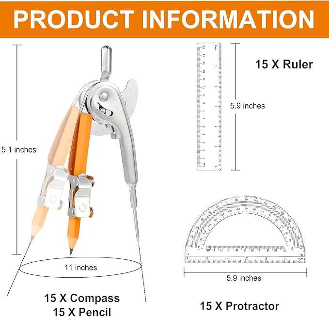 60 Pieces Geometry Math Set Compass for Geometry Math Compass and Protractor Set Include Metal Compass with Pencil Plastic Ruler and Protractor for Student School Office Woodworking Drawing Tools