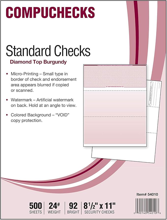 Compuchecks Check on Top Blank Check Paper - 500 Pack, Quick-Books & Laser Printer Compatible - Security Business Checks with Voucher - 8.5" x 11" Burgundy Diamond