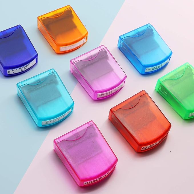 RELIANCER 8PCS Teacher Stamp Set,Colorful Self-Inking Motivational Classroom Stamper for Grading,Encouraging Rating Stamp Student,Parent Signature Stamps for Homework,School Homeschool Reward Supplies