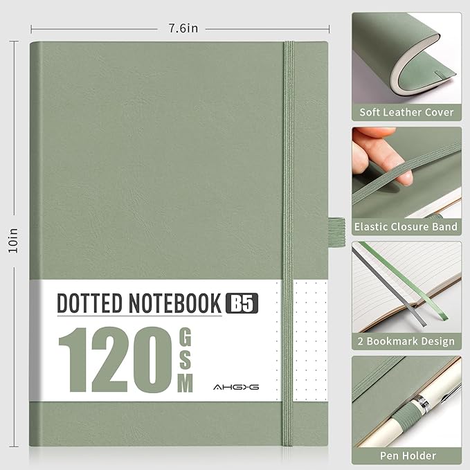AHGXG Bullet Dotted Journal - Dot Grid Notebook Journal, 120 GSM Thick Acid-Free Paper, Large B5 Dotted Notebook 96 Pages, Leather Softcover, Inner Pocket, Journal Stencil, 7.6'' X 10'' - Sage Green
