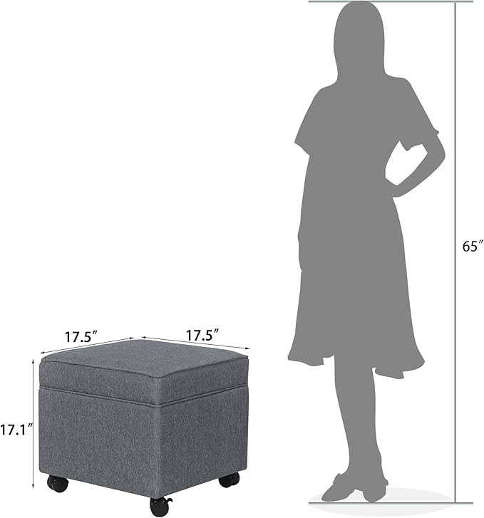 Adeco 17.5" Square Fabric Ottoman with Storage, Upholstered Cotton Linen Foot Rest, Flip Top Footstool, Small Cube Coffee Table Extra Seat for Living Room, Bedroom, Grey with Rolling Legs
