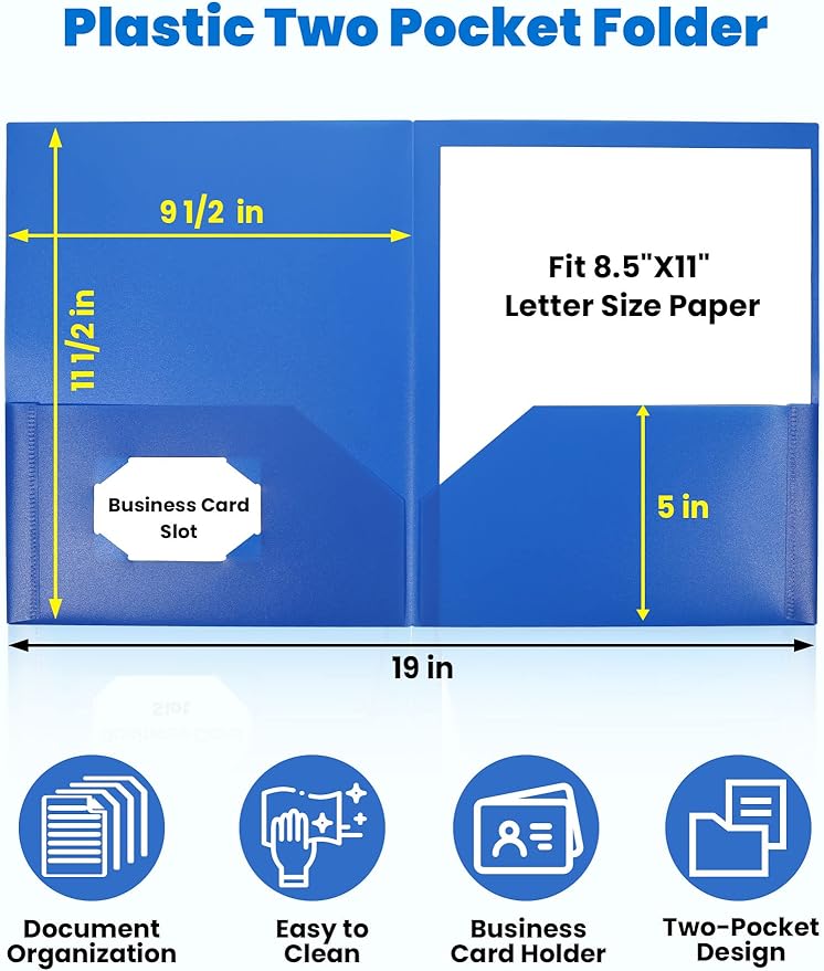 SUNEE 2 Pocket Folders (24 Pack, Blue) Heavy-Duty Plastic Folders with Pockets, Fit 8.5x11 Letter Size Paper, 2-Pocket File Folders for Kids, Home, School, Office