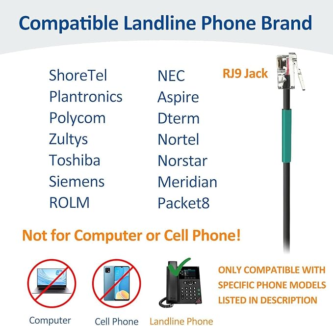 Wantek Telephone Headset Corded RJ9 Headphone with Mic & Noise Cancelling Phone Headsets Compatible with Plantronics Polycom VVX310 410 Yealink S12 Avaya 1408 1416, Landline Phone Headset