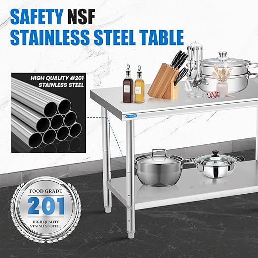 Stainless Steel Table for Prep & Work with Undershelf 24 x 48 Inches NSF Metal Commercial Kitchen Adjustable Under Shelf Worktable for Restaurant Home Outdoor