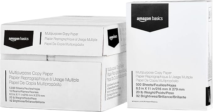 Amazon Basics Multipurpose Copy Printer Paper, 20 lb, 8.5 x 11 Inches, 10 Reams (5,000 Sheets), 92 Bright, White