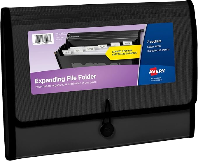 Avery Expanding File Folder Organizer, 7-Pocket Accordion File Organizer, Black, Holds 425 Letter/A4-Size Sheets (73550)