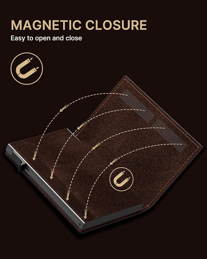 typecase Mens Wallet Card Holder: Pop Up Aluminum Case, Genuine Leather, Smart, RFID Blocking, Slim, Minimalist, Front Pocket - 9-14 Card Capacity | ID Window | Cash Slot - Oil Wax Brown