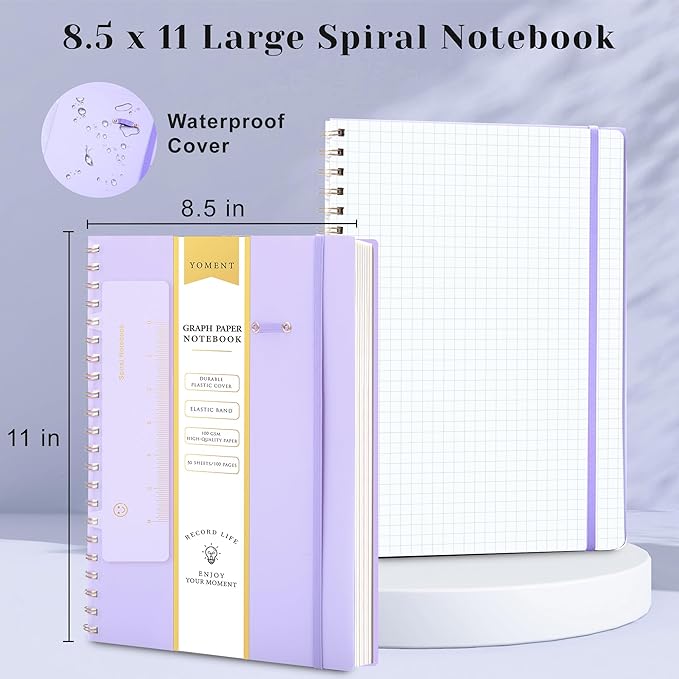 Yoment Graph Paper Notebook Spiral Notebook 8.5 x 11 A4 Large Grid Paper Notebooks, 100 GSM Thick Graph Paper, Plastic Cover Graphing Notebook for Work School Engineering, A4 Purple