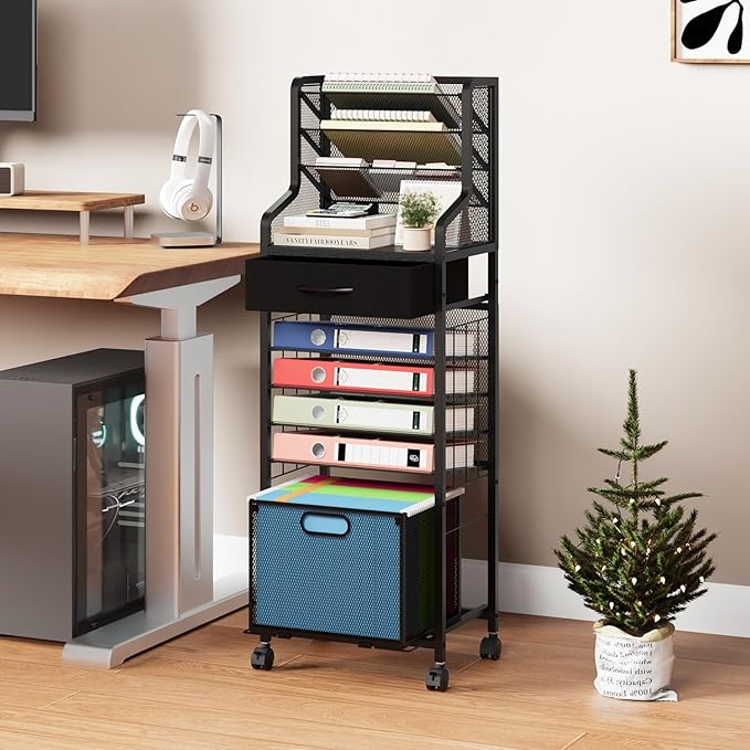 SWTYMIKI 10-Tier Rolling File Cart - Mesh Paper Organizer with Drawer and Hanging File Folders on Lockable Wheels, Wood Teacher Cart for Office Organization, Storage in Home, Studio, School (Black)