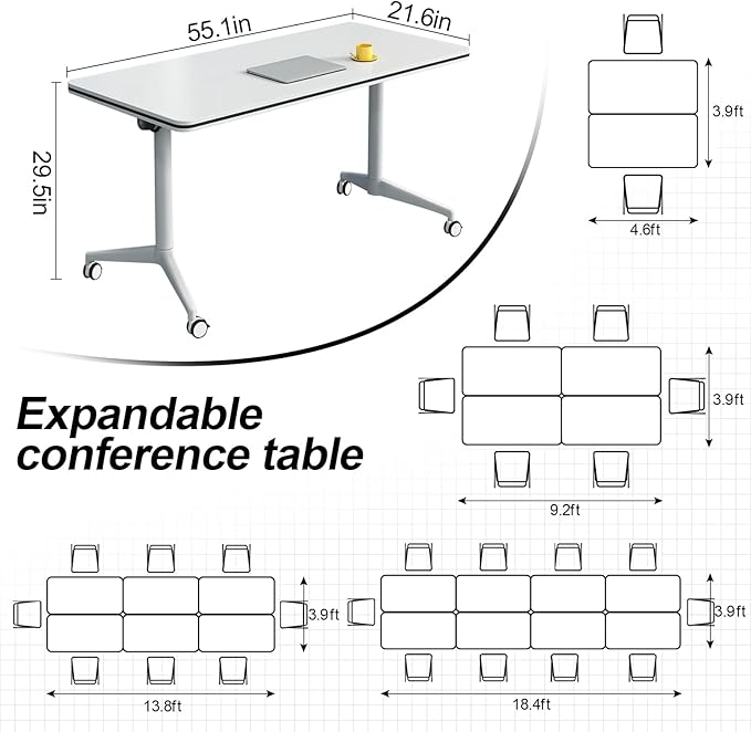 Folding Conference Table, Modern Large Conference Room Tables with Flip-Top Design, Foldable Conference Table Meeting Table with Wheels, Mobile Seminar Training Tables for Office Classroom (6, White)