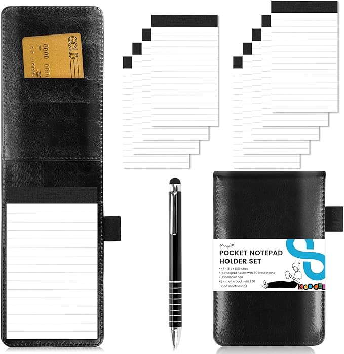 Koogel 11PCS Mini Pocket Notepad Holder Set, Pocket Notepad Flip Notepad with Pen Leather Pocket Notebook for Office School Business Travel Meetings