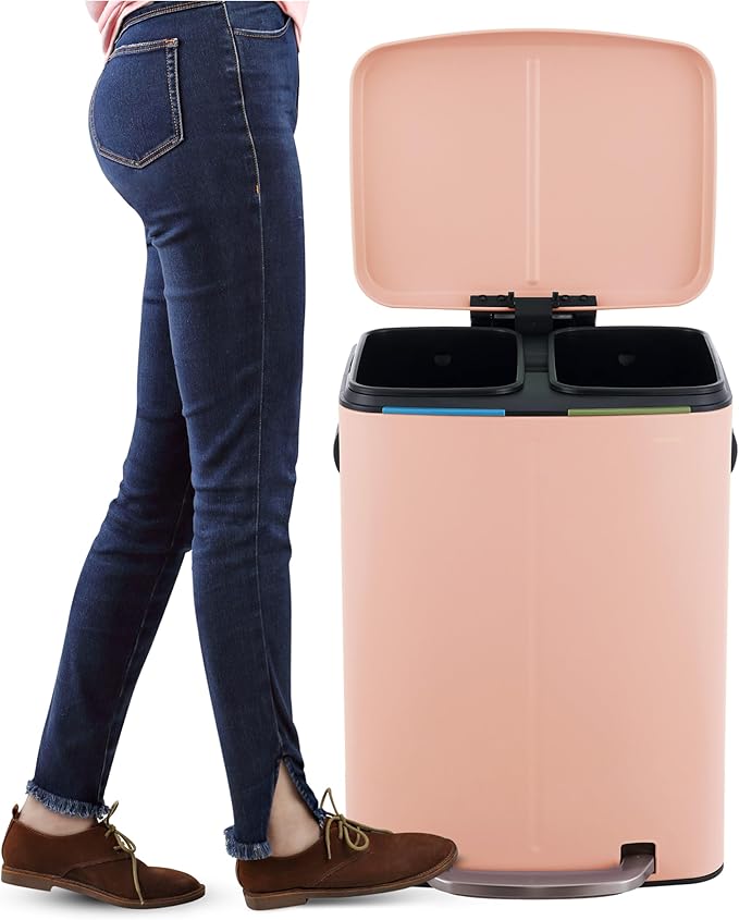 happimess HPM1005G Marco Rectangular 10.6-Gallon Double Bucket Trash Can with Soft-Close Lid, Flamingo Pink, Fingerprint Resistant, Modern, Minimalistic for Home, Kitchen, Office, Bedroom, Bathroom