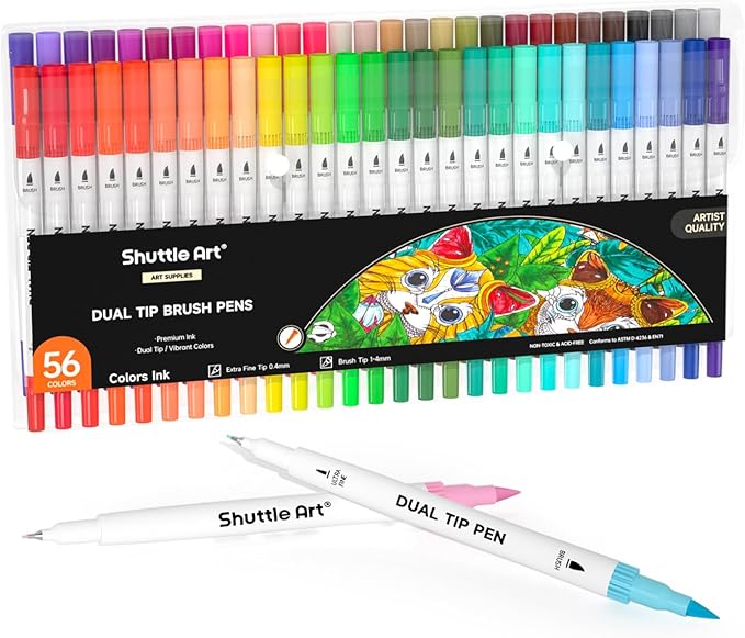 Shuttle Art Dual Brush Marker Pens, 56 Colors Water-based Ink, Dual Tip Calligraphy Pens Fineliner and Brush Tip perfect for Kids Adult Artist, Hand Lettering, Journal, Doodling, Writing