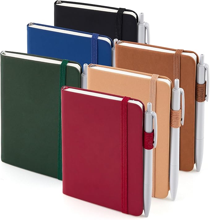 feela Pocket Mini Notebooks Bulk, Small Cute Memo Notepads Hardcover College Ruled Lined Journals with Pen Holder for School Business Work, with 6 Black Pens, 3.5”x 5.5”, 6 Pack, A6, Vintage Colors